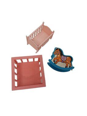 Vintage Dollhouse Furniture Set Pink Crib Playpen & Blue Rocking Horse